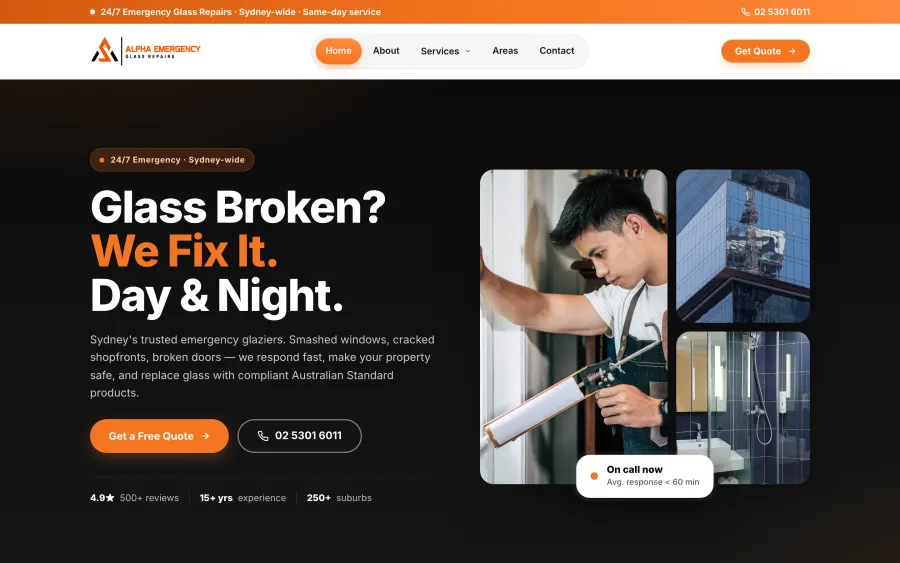 Alpha Emergency Glass Repairs website homepage