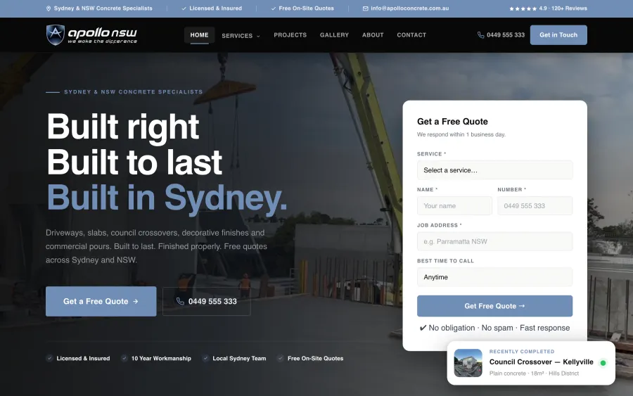 Apollo Concrete NSW website homepage