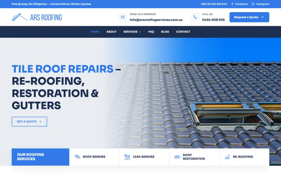 ARS Roofing Services website homepage