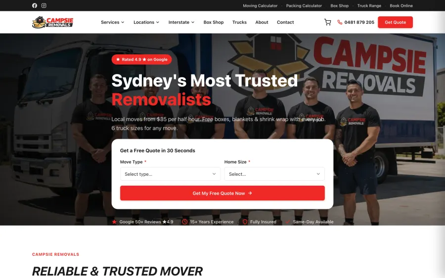 Campsie Removals website homepage