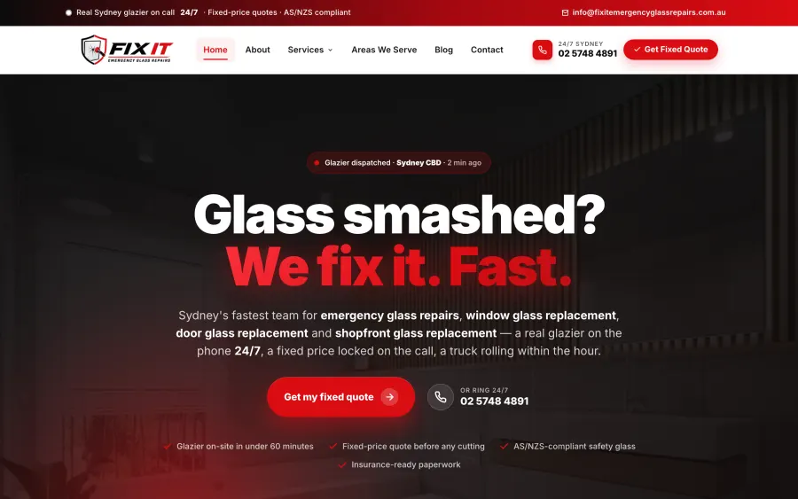 Fixit Emergency Glass Repairs website homepage