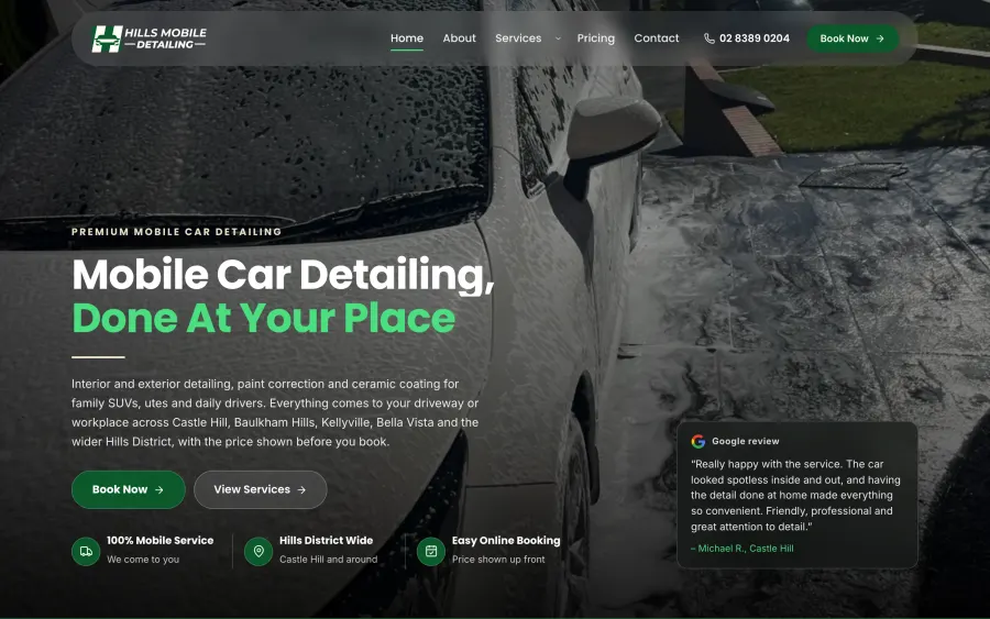 Hills Mobile Detailing website homepage