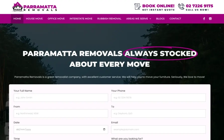 Parramatta Removals website homepage