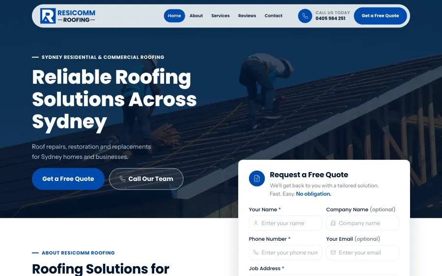 Resicomm Roofing website homepage