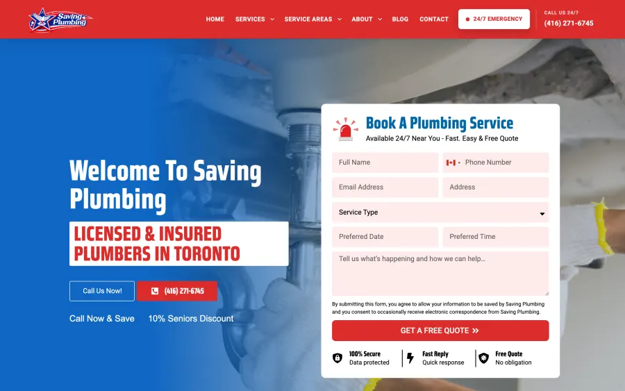 Saving Plumbing website homepage